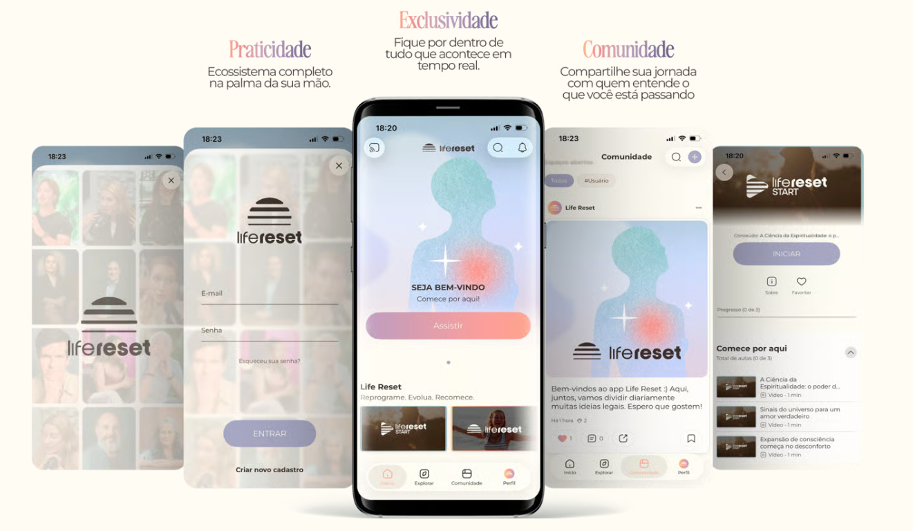Telas do aplicativo Life Reset destacando praticidade, exclusividade e comunidade