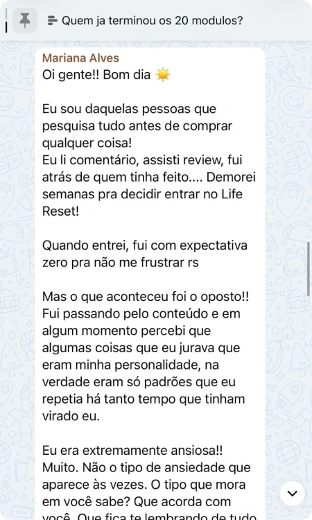 Comentário de Mariana Alves no grupo das alunas
