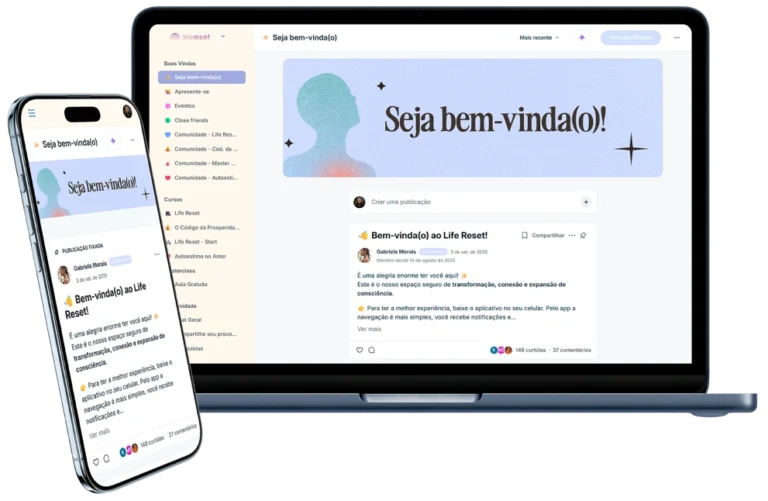Mockup da comunidade Life Reset no notebook e no celular, com a publicação de boas-vindas da Gabriela Morais
