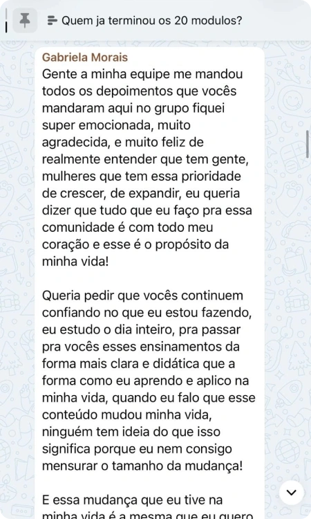 Comentário de Gabriela Morais no grupo das alunas