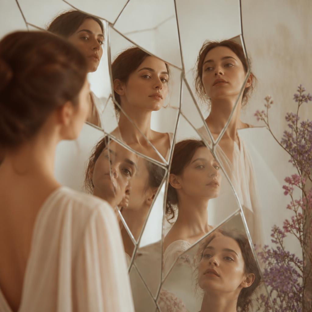 Mulher diante de um espelho fragmentado com diferentes reflexos, em tons creme, pêssego e lilás